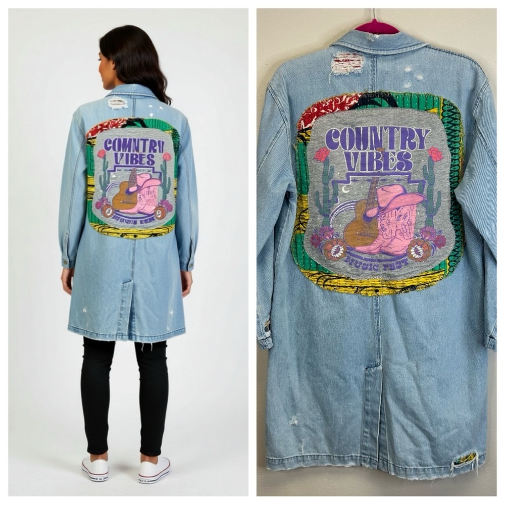 Upcycled Country Vibes Long Light Blue Denim Jacket Womens L Festival Cowgirl